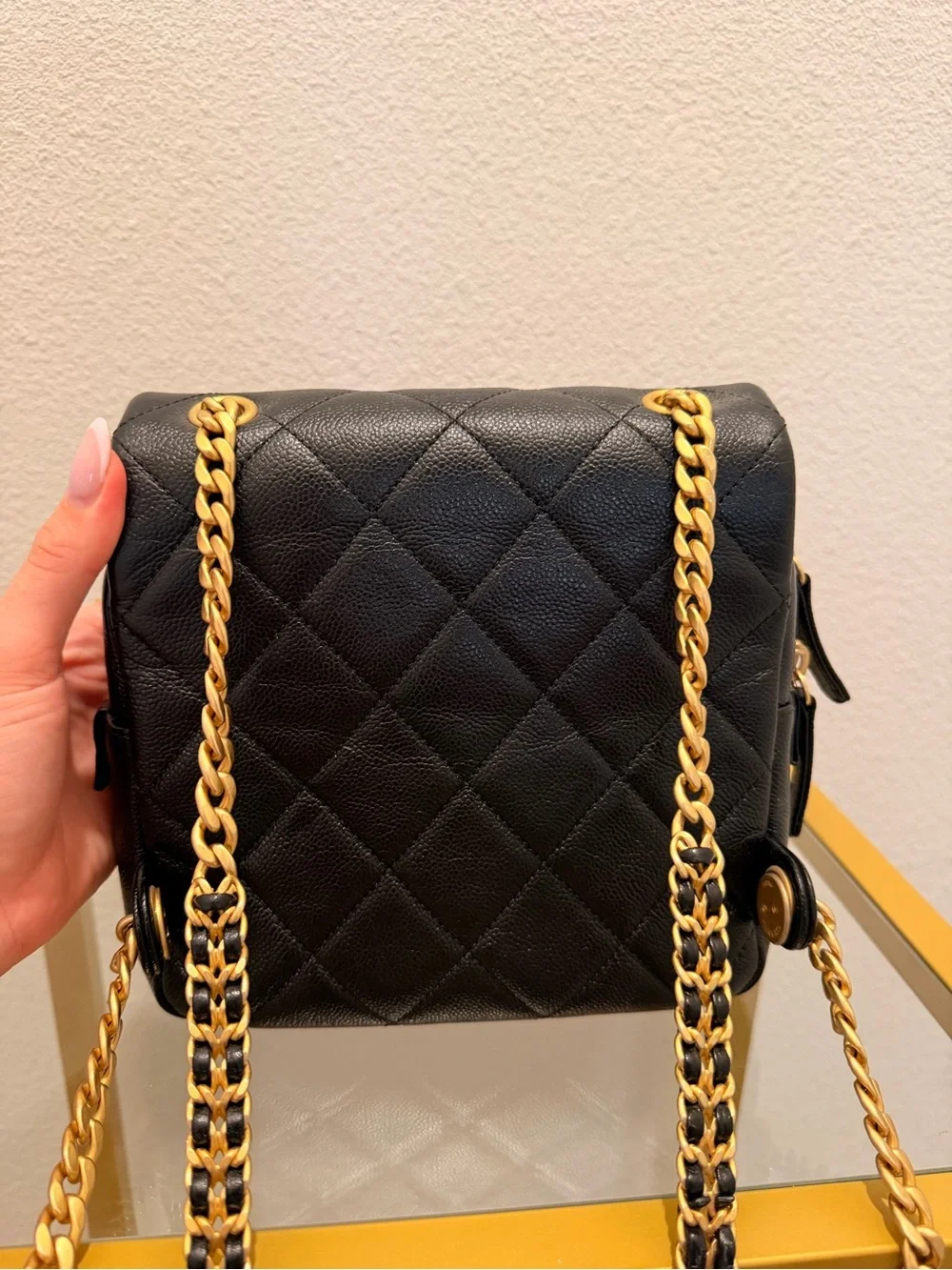 CHANEL Shiny Caviar Quilted Chain Melody Backpack Black